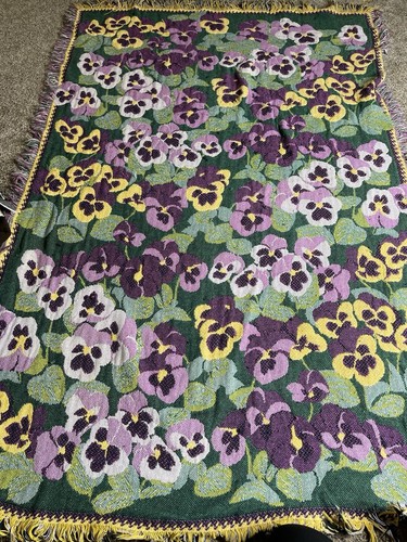 Vintage lila Stiefmütterchen Überwurf Decke Blumen gewebt Baumwolle Wandteppich 70 x 47 Zoll