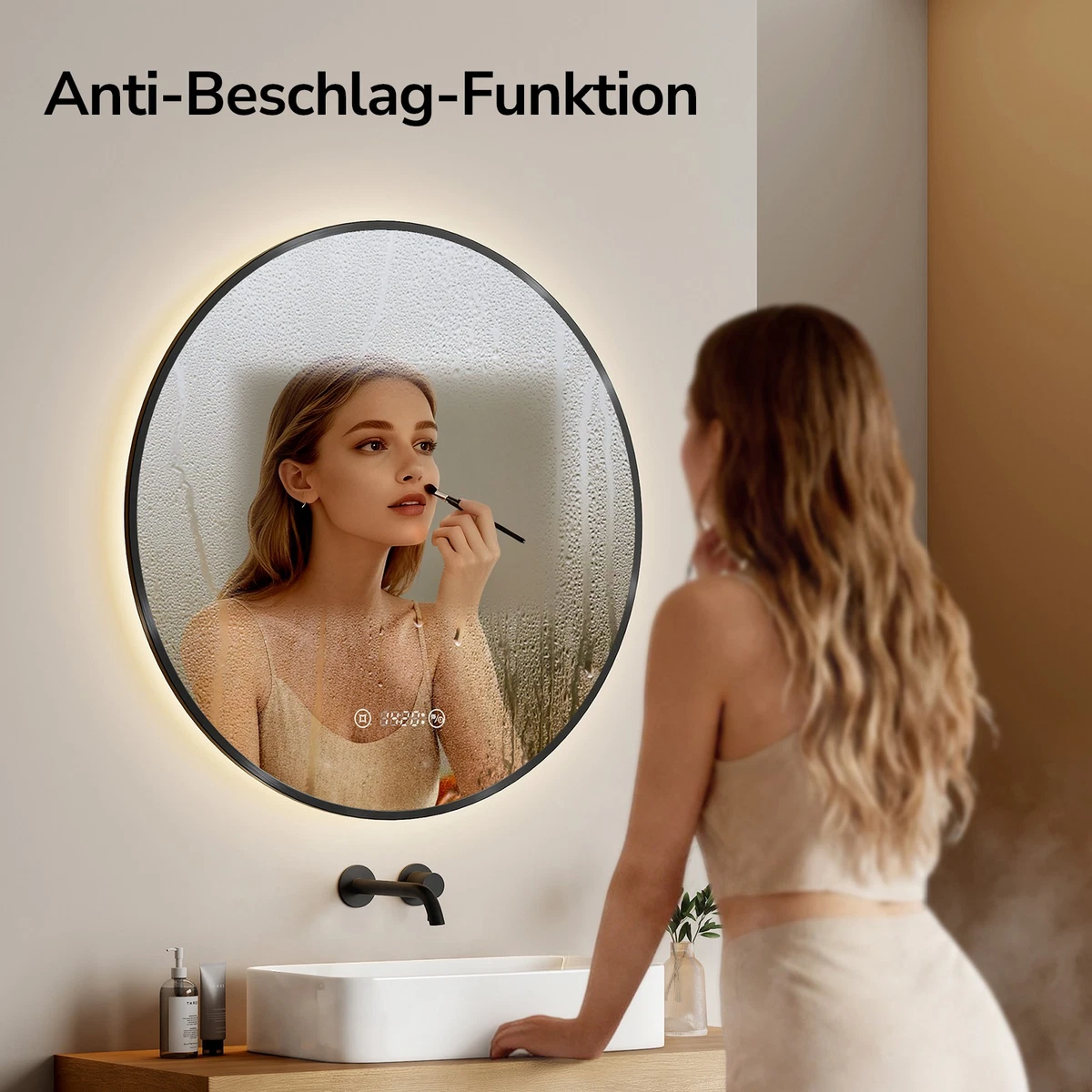 EMKE LED Badspiegel rund 60/70/80 cm Schwarz dimmbar Touch Uhr Antibeschlag