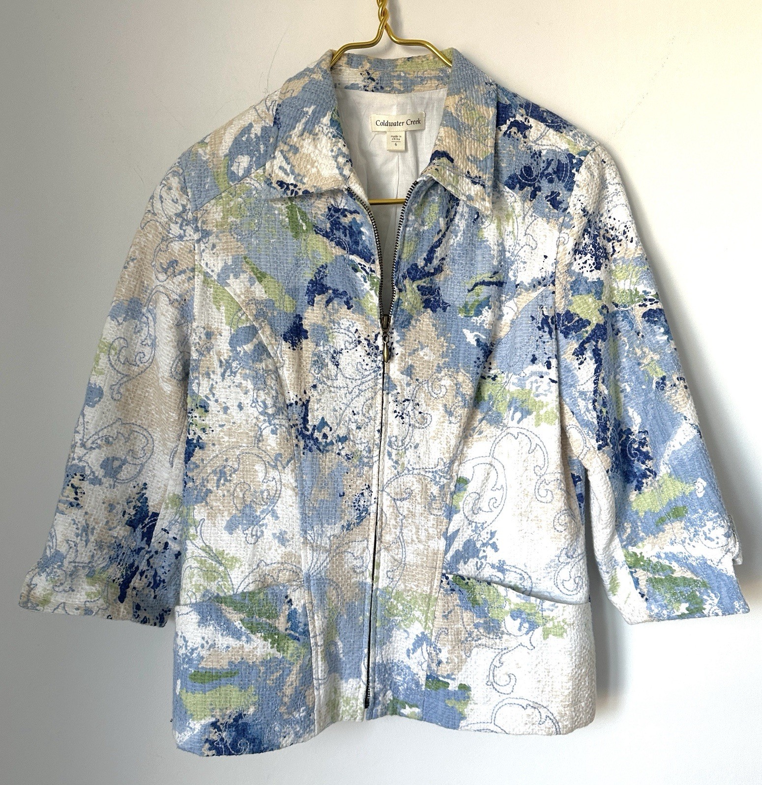 Coldwater Creek Colorful Spring Embroidered Zip Painterly Floral Jacket Womens 6