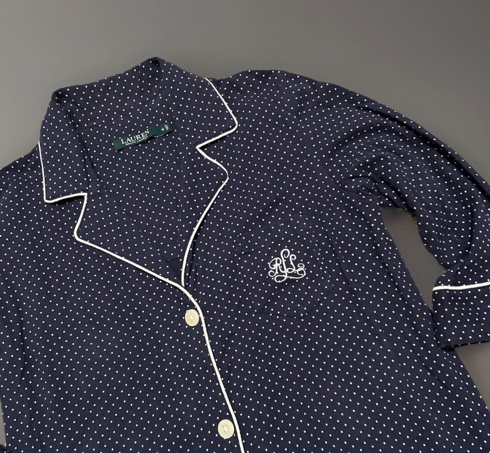 Camisa para dormir Lauren Ralph Lauren mangas 3/4 lunares azul marino blanco mediana M Foto 4 de 4