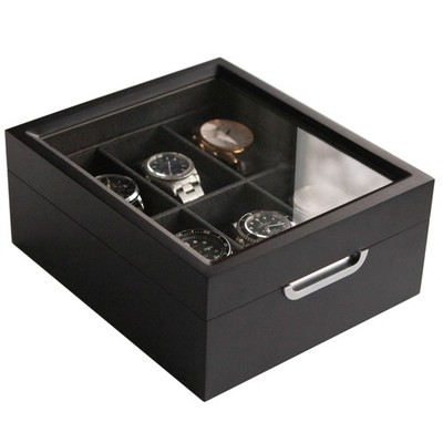 Watch Box Modern 2x3 Black Finish with Custom Aluminum Handle 6-Slot with Rea...