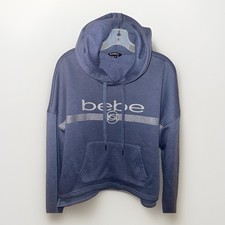 BEBE Sport Blue Hoodie Silver Glitter Logo Pullover Size XL Sweatshirt