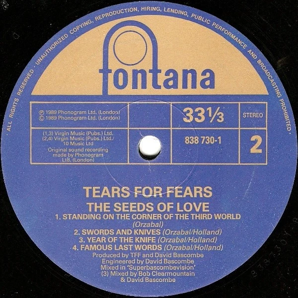 Tears For Fears - The Seeds Of Love LP 1989 Fontana VG+/NM - Image 4 of 4