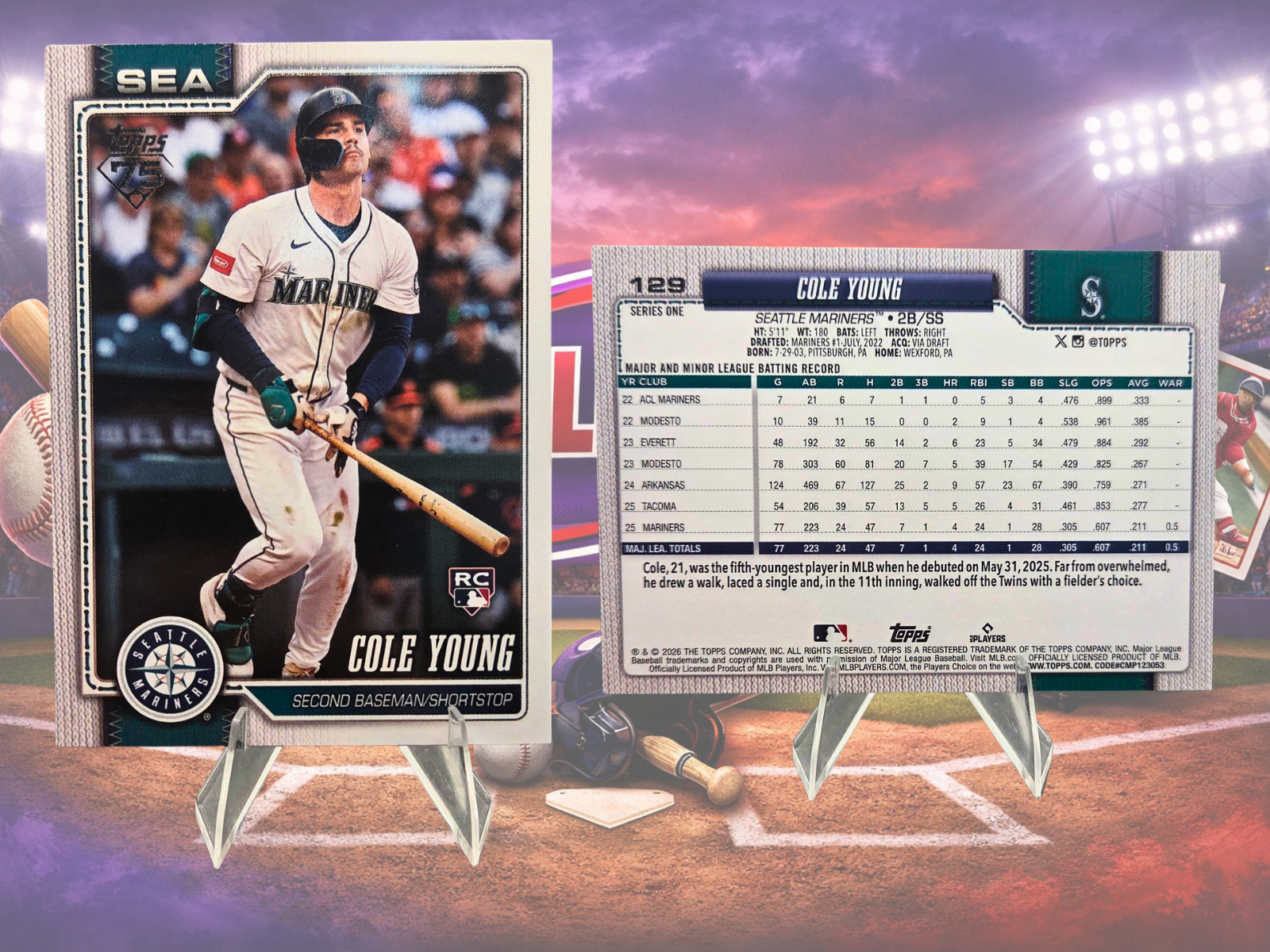 2026 Topps Series 1 Cole Young #129 Seattle Mariners RC MLB Baseball Card