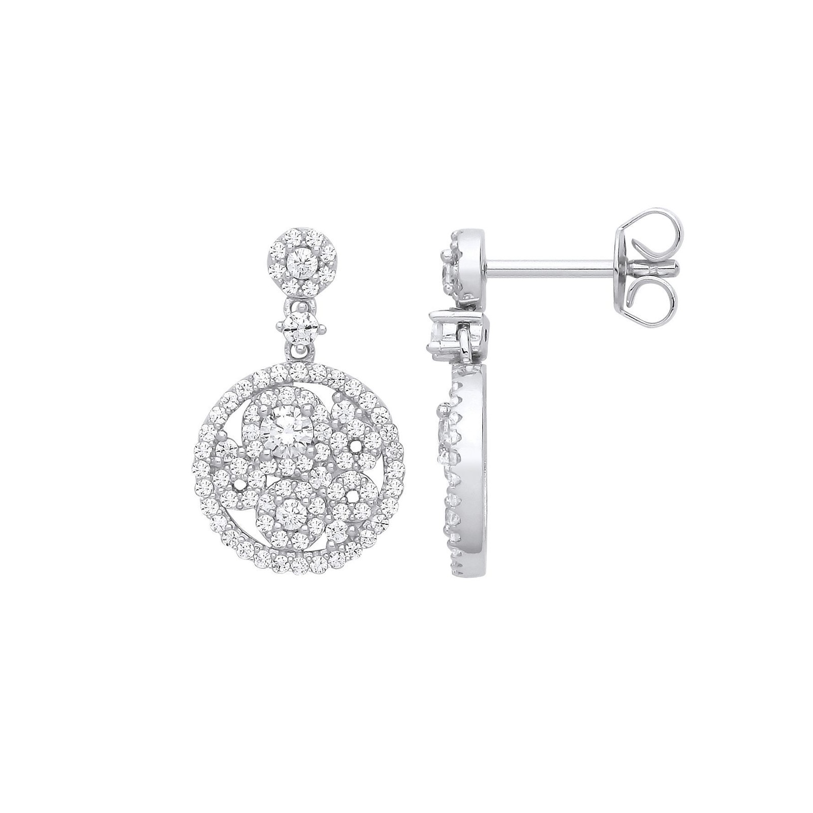 925 Sterling Silver Jewelco London CZ Circle of Life Multi Cluster Drop Earrings