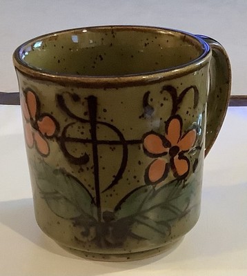 Vintage Otagiri ? Fred Robert s Speckled Mug Green Orange Flowers(65ia)