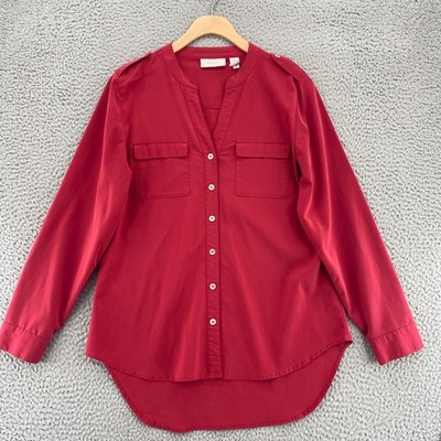 Chicos Shirt Womens 0 US Small Red Button Up Long Sleeve Pockets High Low Casual