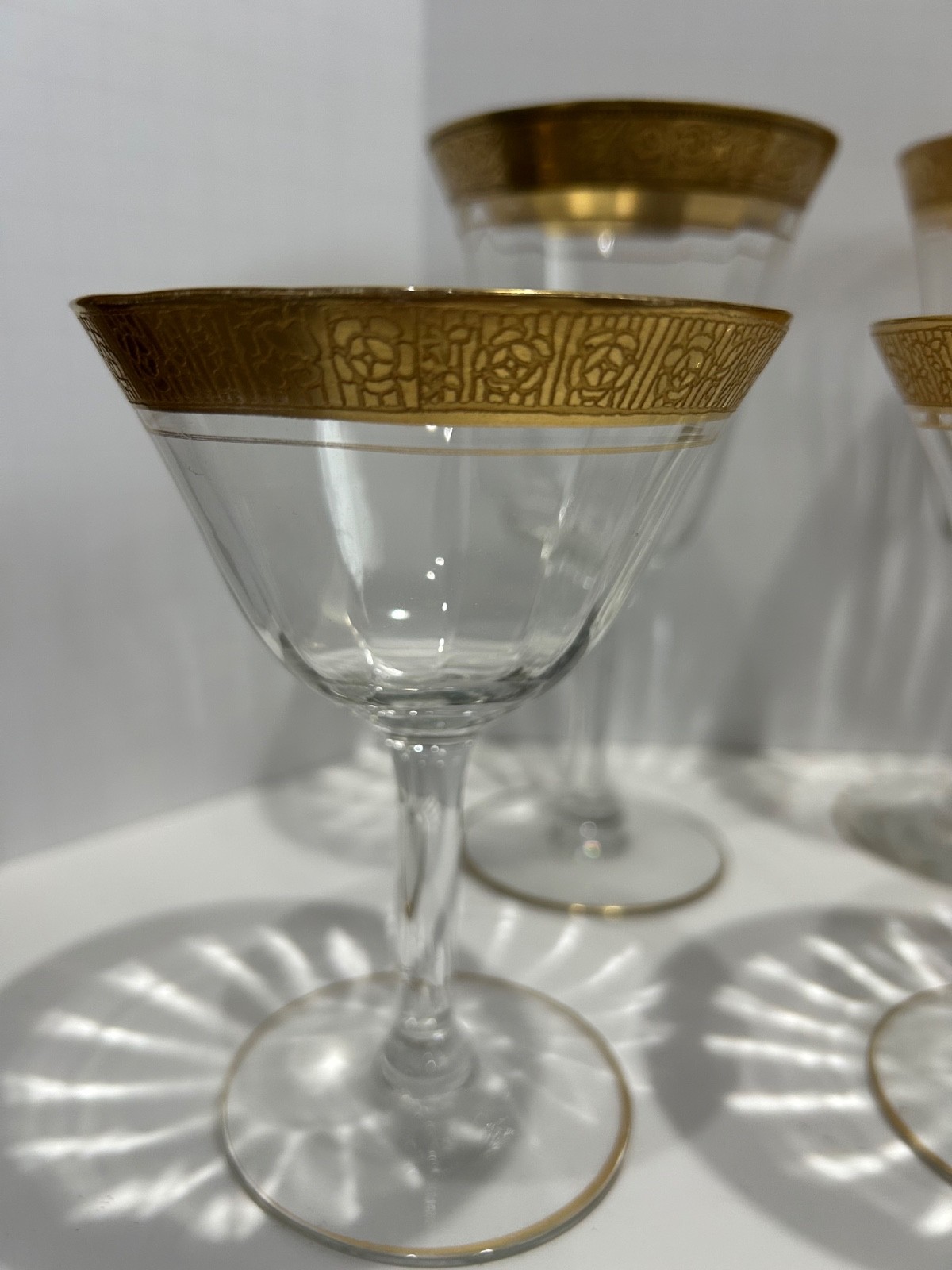6  Tiffin-Franciscan Minton Optic Glass Gold Trim Footed Glasses assorted Sizes