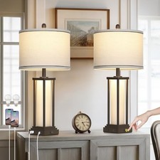 27in Tall Farmhouse Table Lamp Set of 2 with USB C A  Outlet,Industrial Brown