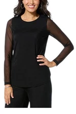 Nina Leonard Women's Long Sleeve Power Mesh Top Deep Black