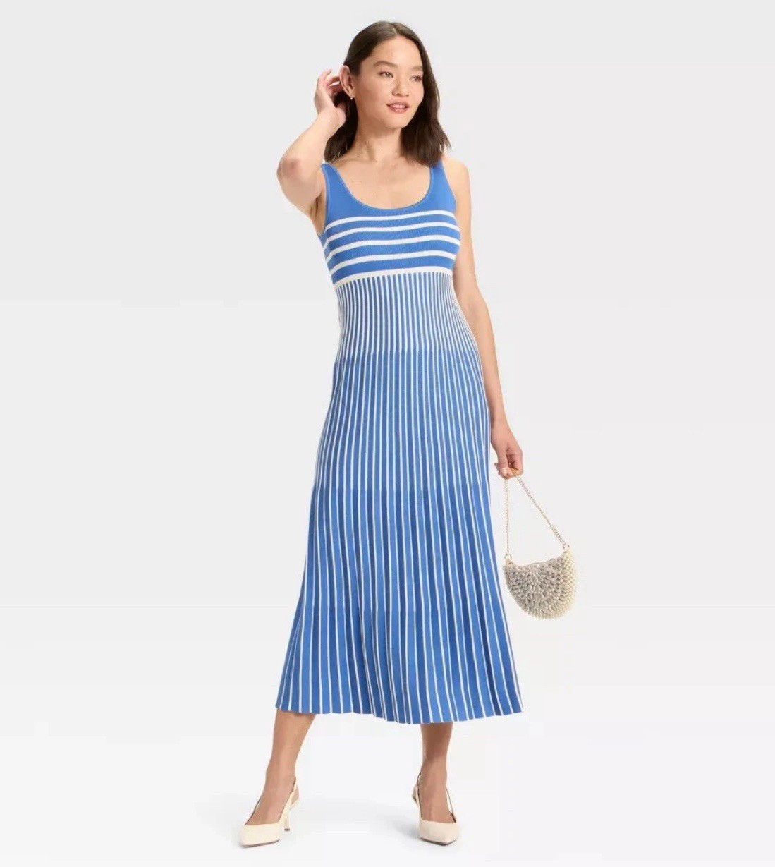Women's Maxi Sweater Dress - A New Day Blue/Cream Striped L NWT