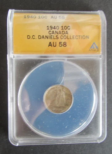 1940 SILVER 10 CENTS ANACS GRADED AU58 CANADIAN DIME