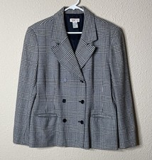Vintage Talbots Blazer Jacket Sz 16 Black Ivory Plaid Double Breasted 100 Wool