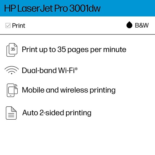 HP LaserJet Pro 3001dw Bezprzewodowa czarno-biała drukarka laserowa Tylko druk Drukowanie - Zdjęcie 5 z 9