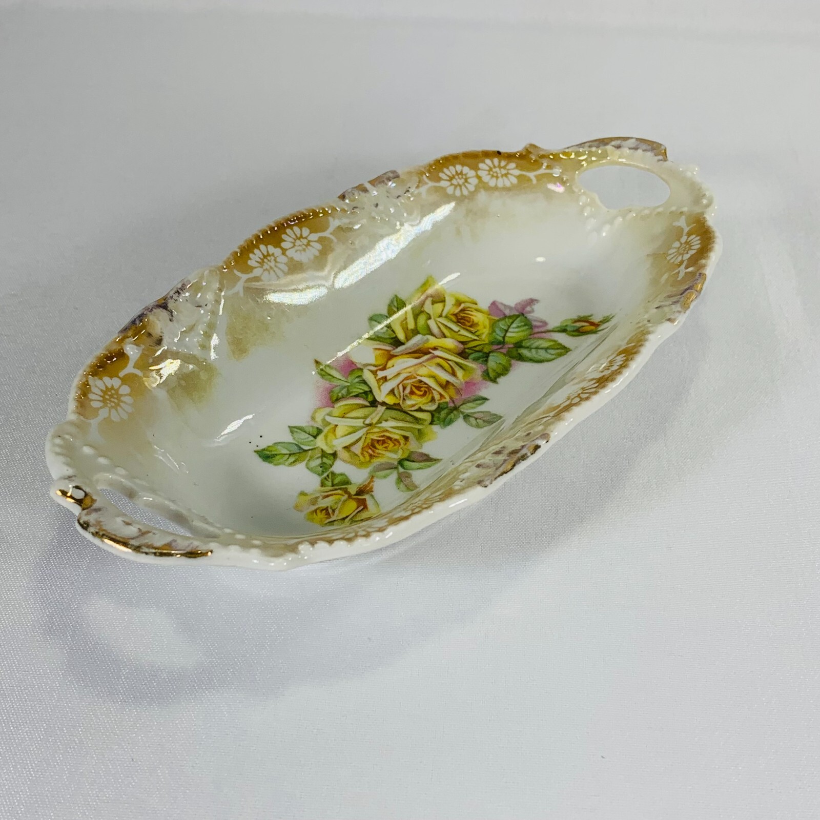 Vintage Germany Lusterware Candy Trinket Relish Dish Yellow Roses Oval German