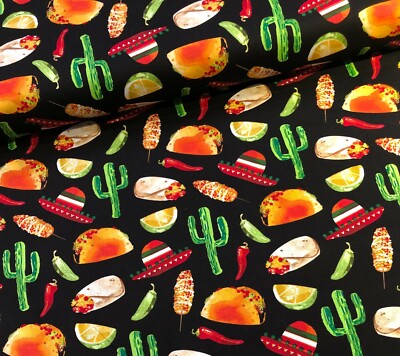 Stoff Meterware Baumwollstoff Patchwork 50 cm Essen Taco Kaktus Mexico Schwarz