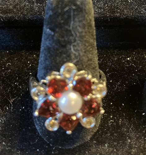 Ross Simons Pearl, Red Garnet, Citrine Flower Ring sz 9 Solid Sterling Silver - 第 1/1 張圖片