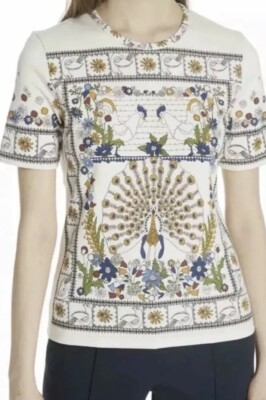 Tory Burch T-Shirt  Pima Cotton Peacock Design Off White Size X Small