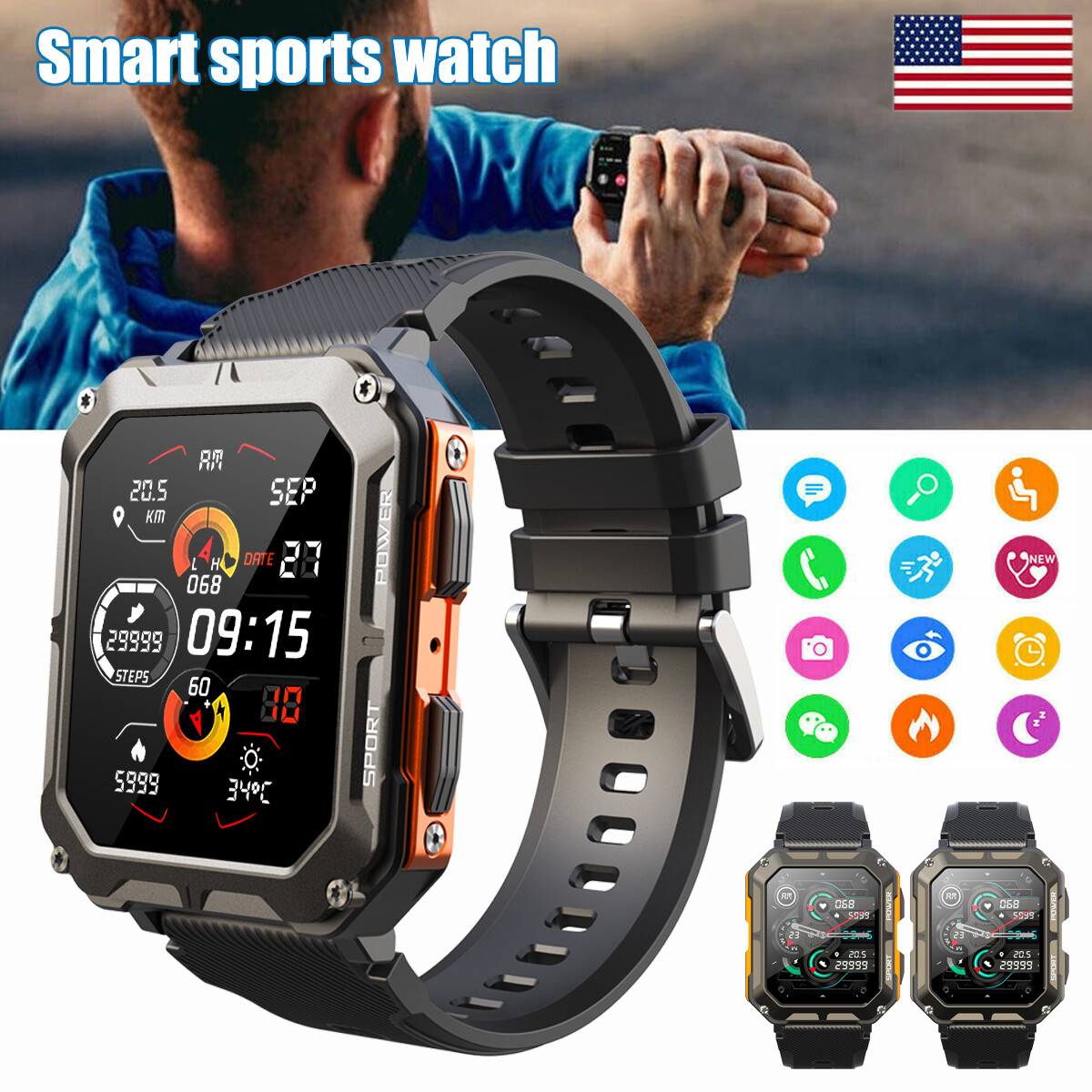 Military Rugged Smart Watch Outdoor Sports Heart Rate Fitness Tracker Blood  NEW