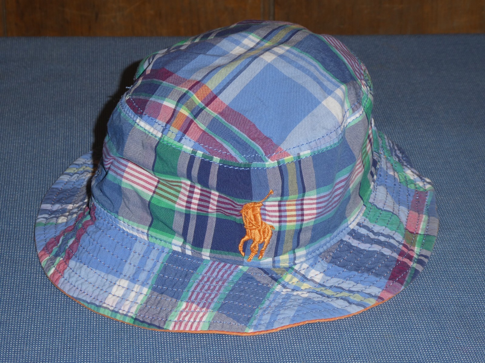 CAPPELLO A SECCHIELLO RALPH LAUREN PONY BAMBINO PLAID ARANCIONE REVERSIBILE TAGLIA 4 7 ANNI