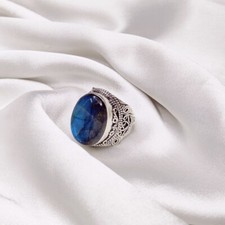 Natural Fire Labradorite Oval Gemstone 925 Sterling Silver Ring Statement Ring