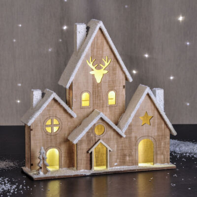 LED Holzhaus beleuchtet - Tischdeko mit 6 Lichtern