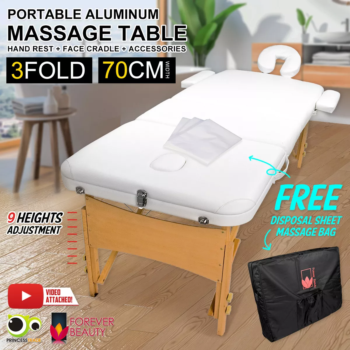 Wooden Portable Massage Table 3 Fold Beauty Therapy Bed Chair