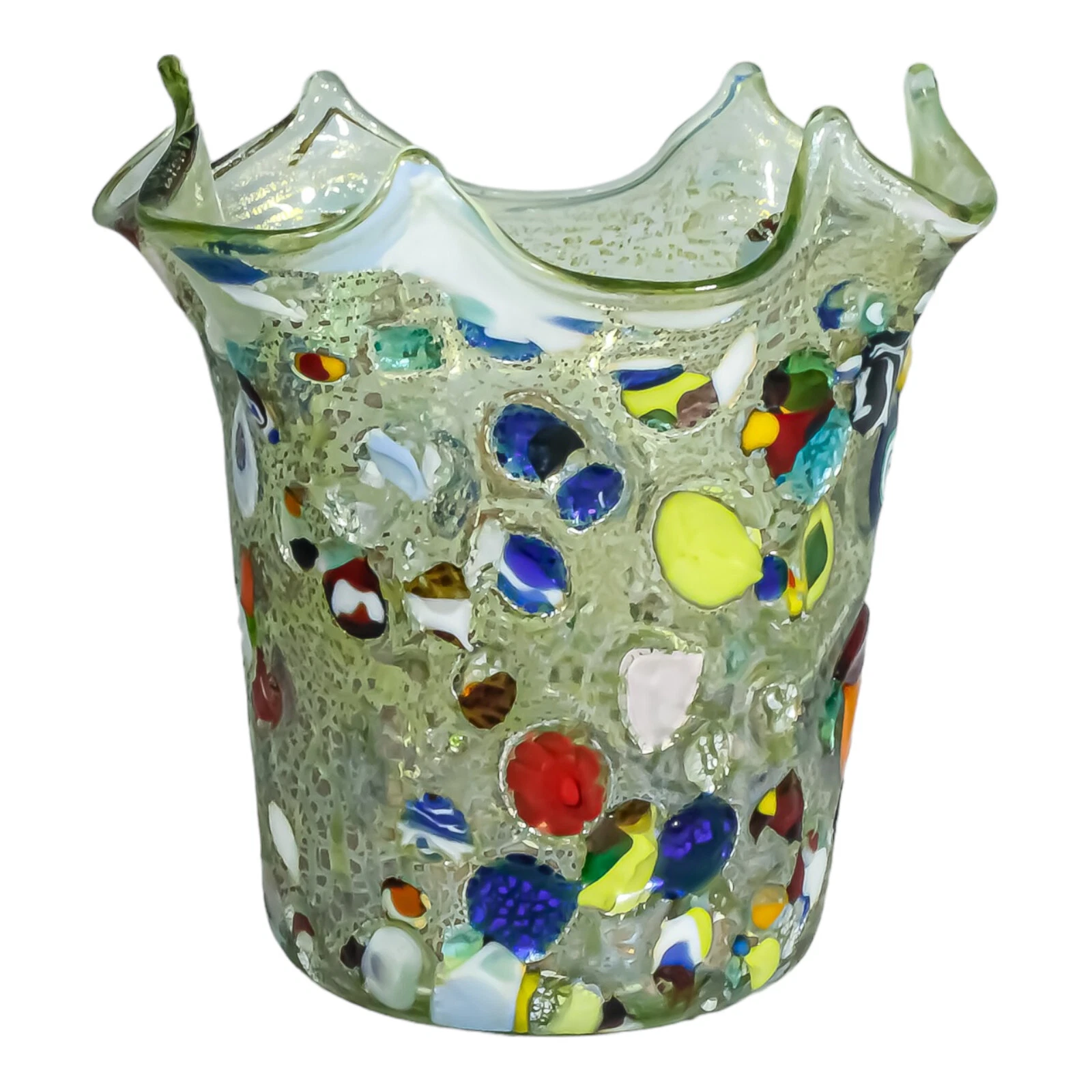 Murano Glass Vase Art Green Silver Multi Hand Millefiori Venice Italy 11cm