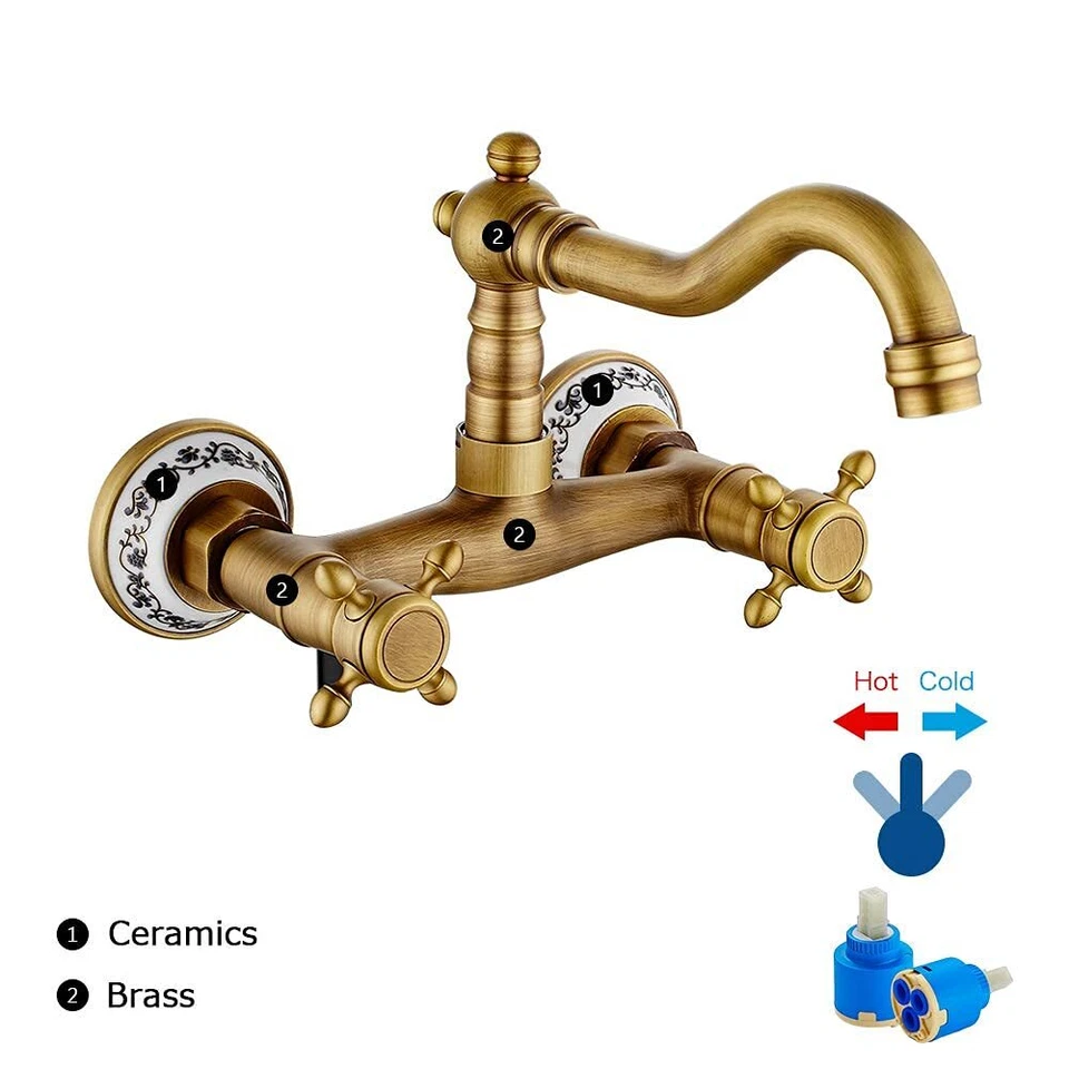 Robinet de Cuisine Mural Ancien Mitigeur Robinet Retro Bronze Antique Rotatio... - Photo 2/4