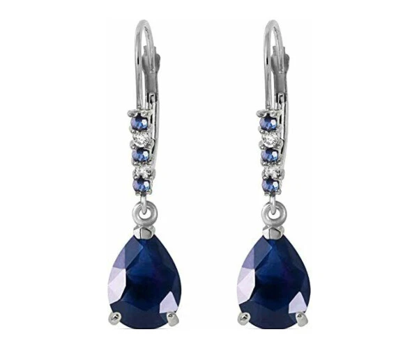 14k Solid White Gold Leverback Earrings with Natural Diamonds and Sapphires - Image 2 of 4