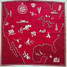 Vintage Bandana Dark Red Cotton Geometric Old Map USA Pattern Handkerchief 22"