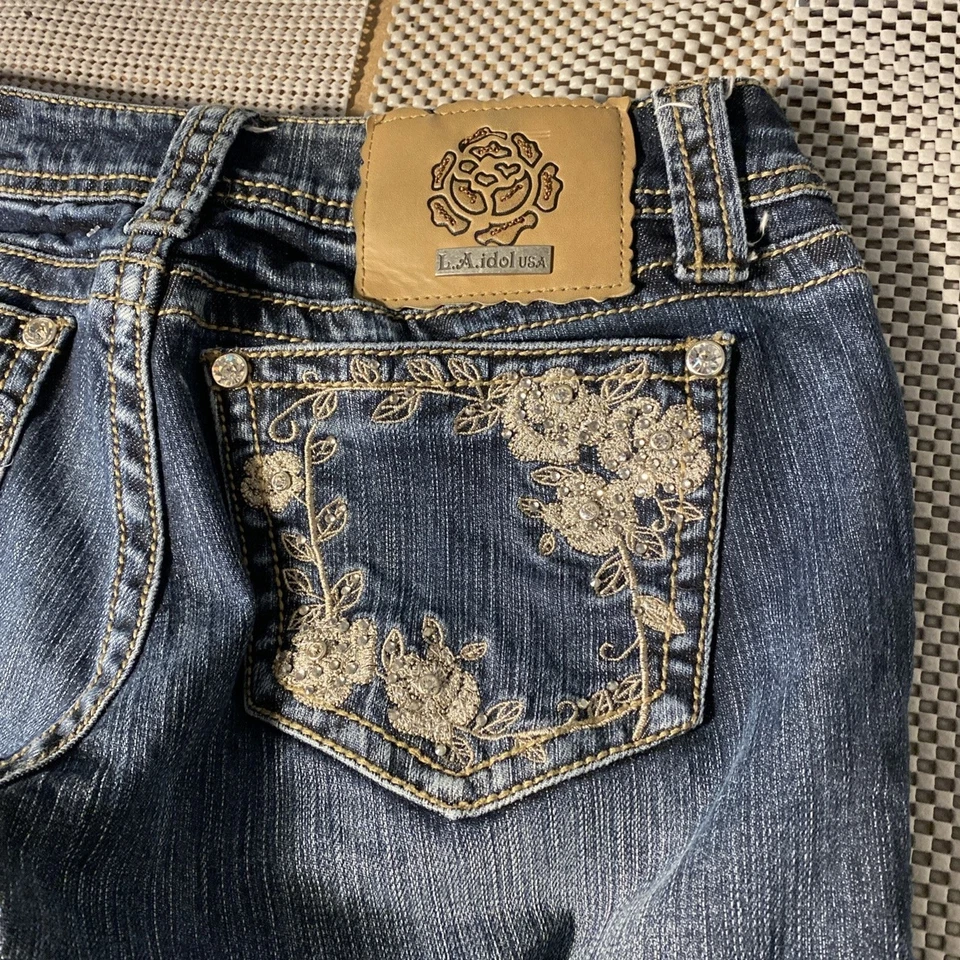 La Idol Jeans Women's 5 Blue Denim Cotton Stretch Beaded Bootcut Leg Retro Y2K - Image 4 of 4