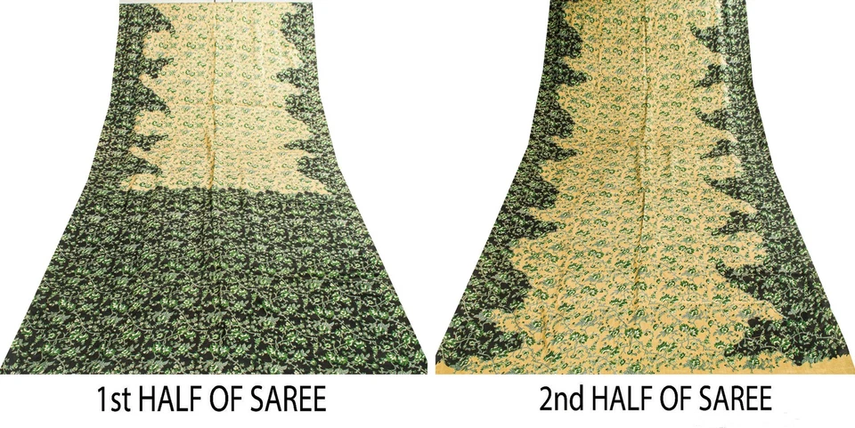 Saris de seda pura amarillos y verdes con estampado floral artesanal vintage de sánscriti 6+ yardas Foto 2 de 4