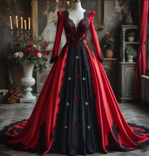 Gothic Red and Black Long Sleeves Wedding Dresses Satin Deep V Neck Bridal Gowns