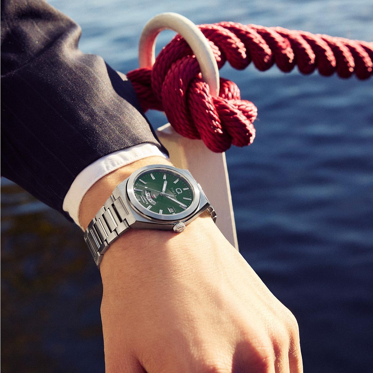 Q Timex Continental Classic GMT Stainless Steel Green Dial 39mm