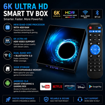 AUSHA Android TV Box 4K Ultra HD Streaming Media Player WiFi Bluetooth Smart TV
