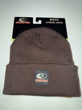 NWT Mossy Oak Boys Brown Black Tan Solid 3 Pack Beanie Hat Classic One Size