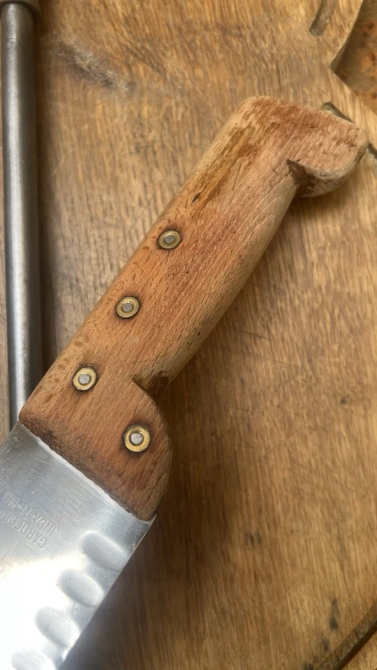 Ancienne planche découper billot boucher bois couteau cuisine Affûteur Feuille - Photo 4/4