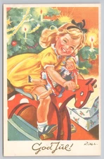 Vintage Norwegian God Jul Christmas Postcard Girl on Rocking Horse