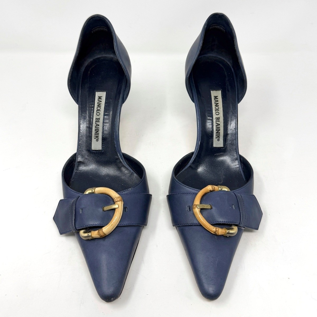 Manolo Blahnik Navy Blue Leather Pumps Pointed Toe Heels 37.5 | eBay