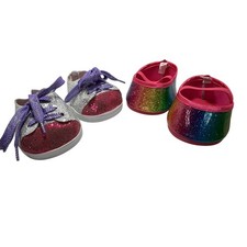 Build a Bear Lot 2 Pair Shoes Glitter Rainbow Silver Pink Lace Sneaker Sparkle