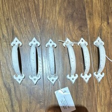 Set of 6 White Distressed Vintage Metal Handle Pulls 4 in C-C Cabinet/Drawer