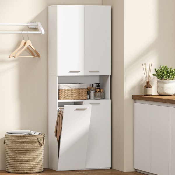Homcom Badezimmerschrank, Hochschrank Mit Ausklappbarem WäSchekorb Weiß-image