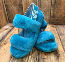 UGG OH YEAH WOMENS SIZE 7 SLIDE SLIPPERS AQUATIC BLUE SHEARLING SAMPLE