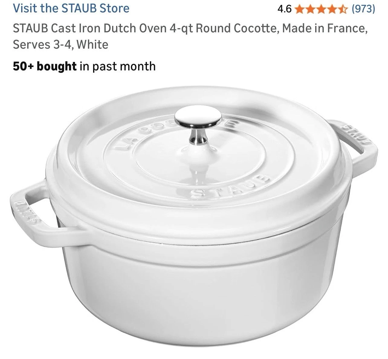 STAUB Cast Iron Dutch Oven 4-qt Round Cocotte with Glass Lid, (White)