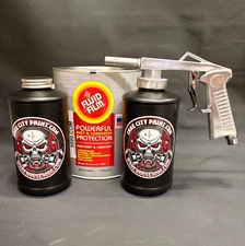 Gallon Fluid Film Amber, Standard Undercoating Gun, and 2 Black Quart Bottles