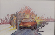 Reklamekarte aus Frankreich - Aquarell mit PEUGEOT 106 aus Mulhouse von 1991