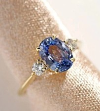3.64 Ct Oval Cut Blue Sapphire Diamond Wedding Ring 14K Solid Yellow Gold