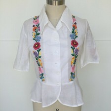 Vtg Hungarian BLOUSE Kalocsa Embroidered Sheer Voile Ethnic Peasant Top S/M