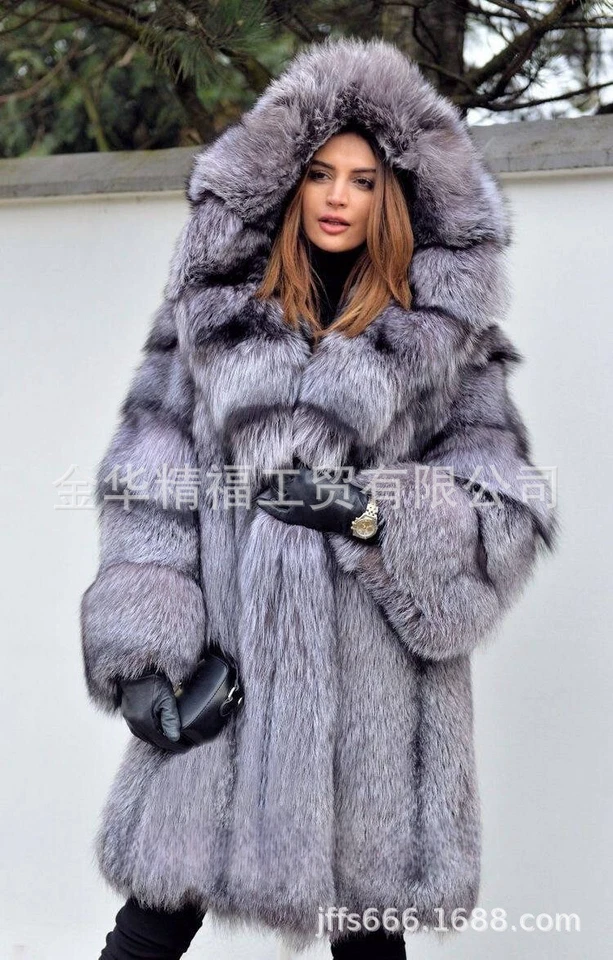 Occident American Style Winter Womens Faux Fox Fur Coat Mid Long Overcoat Hooded - Image 4 of 4